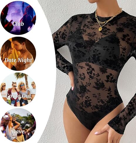 BIGFOX Women's See Through Bodysuit, Black Long Sleeve Lace Floral Mesh Leotard Shapewear Jumpsuit for Going Out, Club, Rave in Saudi Arabia