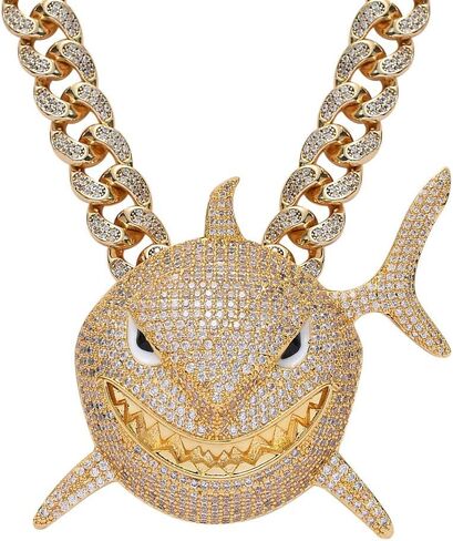 Men's Ice Necklace - Hip Hop Pink Shark Pendant - Copper Plated 18K Gold Micro Inlaid Zircon, 24 Inch Rope Chain Hip Hop Rap Singer Jewelry Gift in Saudi Arabia