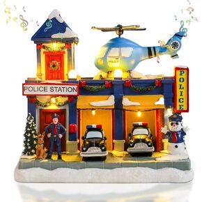 Vipush Christmas Village House Decorations Resin Burger Shop Home Decor Indoor Building Figurines Revolving Train with LED Light and 8 Christmas Music for Kids in Kuwait