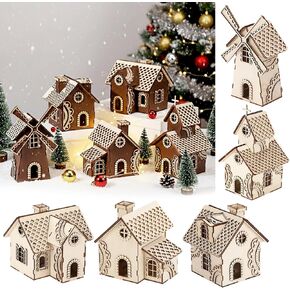 Geelin 5 Pcs Unfinished Wooden Village Mini House Landscape Decors DIY Christmas Wooden House for Crafts Rustic Wood Village Sets for Winter Xmas Party Table Centerpieces Home Decorations in Saudi Arabia