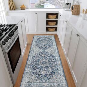Beeiva Vintage Indoor Rug for Entryway, 2x3 Low Pile Washable Area Rug with Non Slip Backing, Small Entry Door Mat for Insides House, Bathroom, Bedside, Kitchen - Blue in Kuwait
