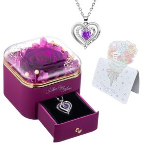 Preserved Real Purple Rose with Heart Necklace, Eternal Flowers Gift for Women, Mom, Wife, Grandma, Girlfriend | Birthday, Anniversary, Christmas, Valentine's, Grandparents Day Gifts for Her in Saudi Arabia