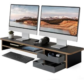 حامل شاشة Fenge، حامل شاشة مزدوج، حامل شاشة كمبيوتر مكتبي كبير مقاس 42.5 بوصة مع درج، منظم سطح مكتب من الخشب والأكريليك بطبقتين للكمبيوتر والكمبيوتر المحمول والطابعة وحامل شاشة التلفزيون in Kuwait