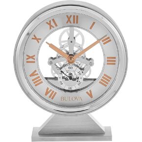 Bulova Torrance Brushed Aluminum Clock B1721 | Exposed Skeleton Design | Quartz Movement | Glass Panel Design | 5.25 x 6.5 Inch in Kuwait