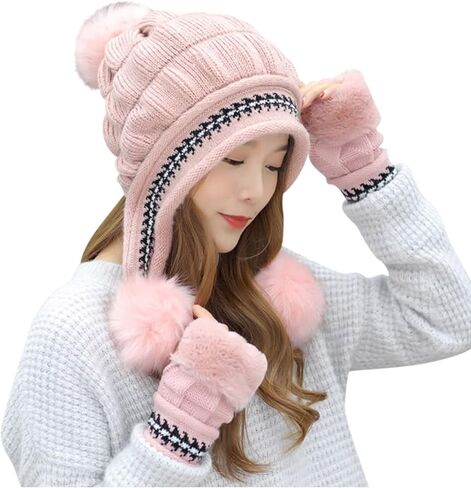 Beanie Hat Gloves Set Womens Pompom Knit Hat Fingerless Gloves Set Winter Warm Thermal Accessories for Cold Weather in Saudi Arabia