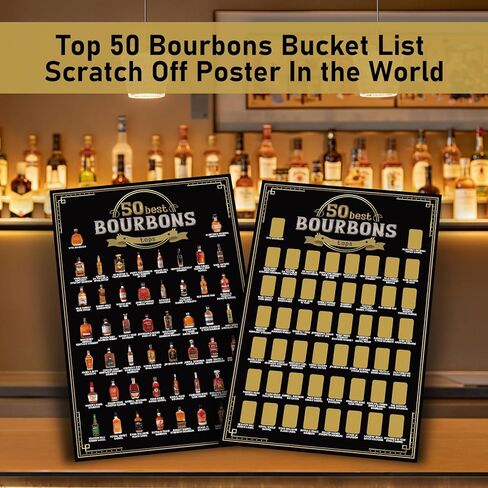 هدايا ysapualp Bourbon للرجال، أعلى 50 قائمة دلو بوربون للخدش، ملصق، كهف رجل، بار، حانة، ديكور غرفة الألعاب، هدية لمحبي الويسكي، 18 × 12 بوصة in Kuwait