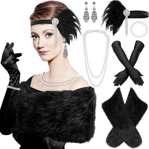 20s Flapper Accessories for Women 1920s Costume Accessories Set Halloween Fur Faux Scarf Headpiece Necklace Earrings Gloves(Simple) Multicolor in Saudi Arabia