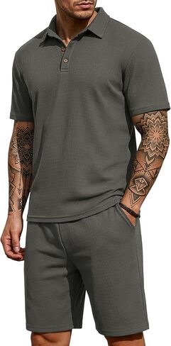PrinStory Men's Summer Outfits Waffle Knit Polo Shirt and Shorts Set 2 Pieces Casual Tracksuit with Pockets in Saudi Arabia