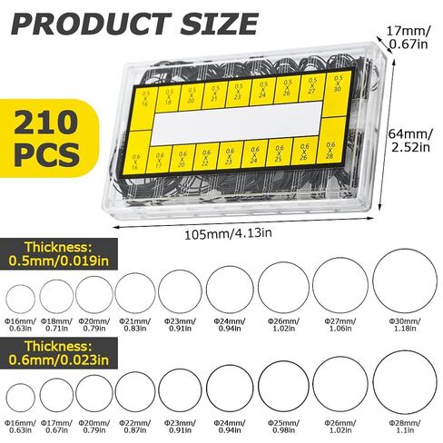 210 Pcs O Ring Watch Gasket Kit,18 Types Rubber Seal O Ring Watches Gasket Watch Back Gaskets Rubber for Watches Repair(Size:210 pcs) in Saudi Arabia