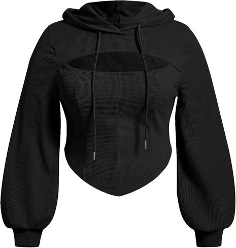 Floerns Women's Plus Size Cut Out Long Sleeve Drawstring Hooded Sweatshirt Pullover Hoodies in Saudi Arabia