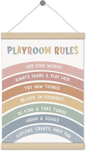 Boho Rainbow Playroom Rules Poster Hanger Frame 12x16 Inch, Playroom Wall Decor, Boho Play Room Rules Positive Affirmations Wall Art Decor for Boys Girls Room Classroom in Saudi Arabia