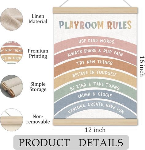 Boho Rainbow Playroom Rules Poster Hanger Frame 12x16 Inch, Playroom Wall Decor, Boho Play Room Rules Positive Affirmations Wall Art Decor for Boys Girls Room Classroom in Saudi Arabia