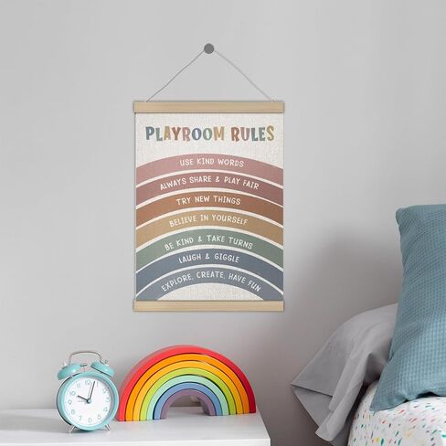 Boho Rainbow Playroom Rules Poster Hanger Frame 12x16 Inch, Playroom Wall Decor, Boho Play Room Rules Positive Affirmations Wall Art Decor for Boys Girls Room Classroom in Saudi Arabia