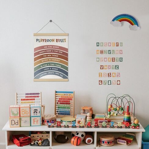 Boho Rainbow Playroom Rules Poster Hanger Frame 12x16 Inch, Playroom Wall Decor, Boho Play Room Rules Positive Affirmations Wall Art Decor for Boys Girls Room Classroom in Saudi Arabia