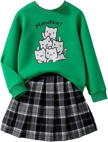 Girls 2 Piece Outfits casual Pullover Sweatshirt and retro plaid skirt Set 7-13 Years in Kuwait