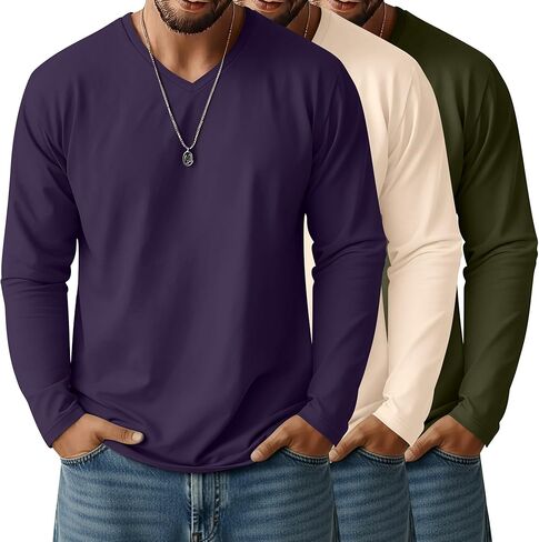 Ficerd 3 Pack Big and Tall Shirts for Men V Neck Cotton Long Sleeve Tee L-7XL Casual Loose Tops Oversized Basic T Shirts in Kuwait