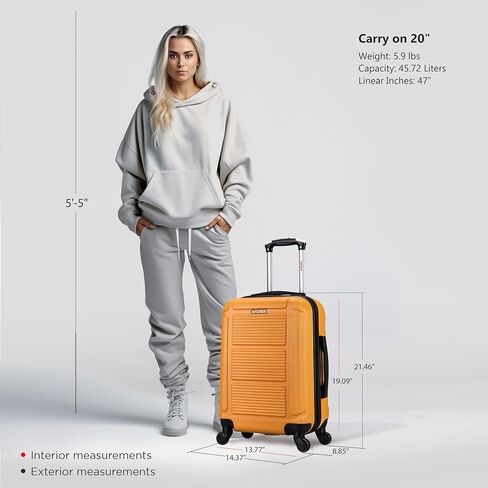 InUSA PILOT Luggage with Ergonomic Handles | Spacious Travel Suitcase with Four Spinner Wheels and Studs | 20 Inch Hardside Carry-On Spinner Luggage | Mustard in Saudi Arabia