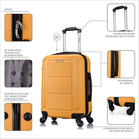 InUSA PILOT Luggage with Ergonomic Handles | Spacious Travel Suitcase with Four Spinner Wheels and Studs | 20 Inch Hardside Carry-On Spinner Luggage | Mustard in Saudi Arabia