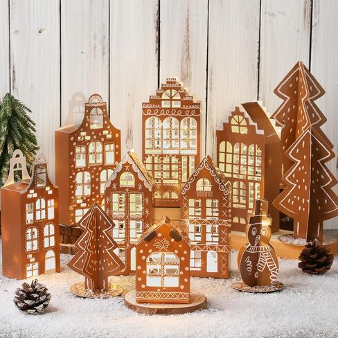 11 Pcs 3D Gingerbread Christmas Village Houses Paper Christmas Village Set Brown Xams Houses Decorations Paper Xams Trees Snowman Figurines Scene for Winter Holiday Desktop Mantel Decor in Saudi Arabia