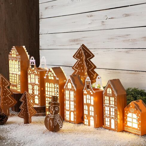 11 Pcs 3D Gingerbread Christmas Village Houses Paper Christmas Village Set Brown Xams Houses Decorations Paper Xams Trees Snowman Figurines Scene for Winter Holiday Desktop Mantel Decor in Saudi Arabia