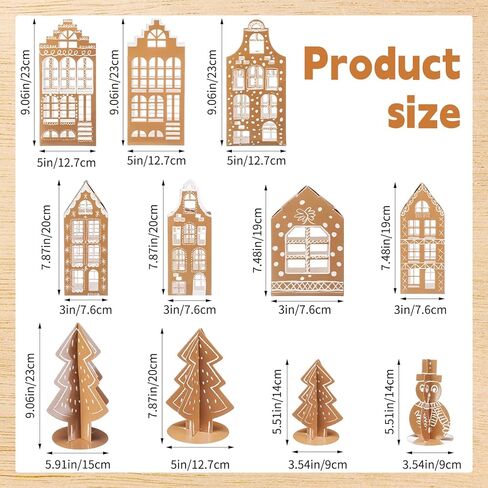 11 Pcs 3D Gingerbread Christmas Village Houses Paper Christmas Village Set Brown Xams Houses Decorations Paper Xams Trees Snowman Figurines Scene for Winter Holiday Desktop Mantel Decor in Saudi Arabia