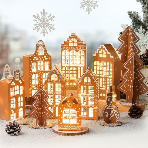 11 Pcs 3D Gingerbread Christmas Village Houses Paper Christmas Village Set Brown Xams Houses Decorations Paper Xams Trees Snowman Figurines Scene for Winter Holiday Desktop Mantel Decor in Saudi Arabia