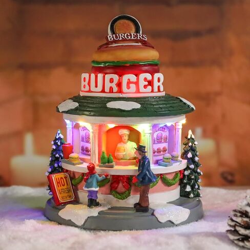 Vipush Christmas Village House Decorations Resin Burger Shop Home Decor Indoor Building Figurines Revolving Train with LED Light and 8 Christmas Music for Kids in Saudi Arabia