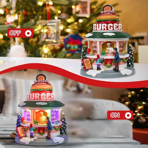 Vipush Christmas Village House Decorations Resin Burger Shop Home Decor Indoor Building Figurines Revolving Train with LED Light and 8 Christmas Music for Kids in Saudi Arabia