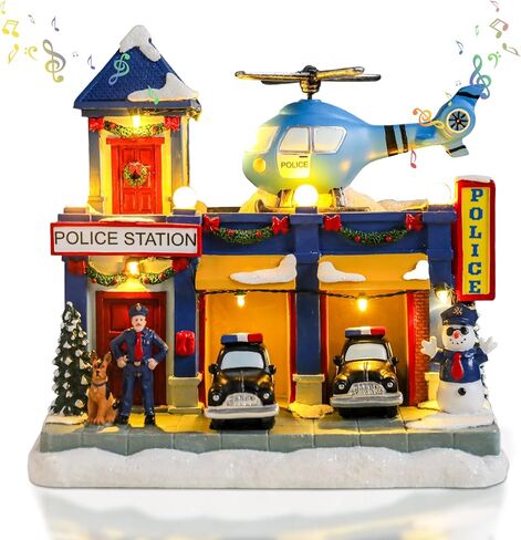 Vipush عيد الميلاد قرية ديكورات منزل الراتنج برغر متجر ديكور المنزل بناء داخلي التماثيل القطار الدوار مع ضوء LED و8 موسيقى عيد الميلاد للأطفال in Kuwait