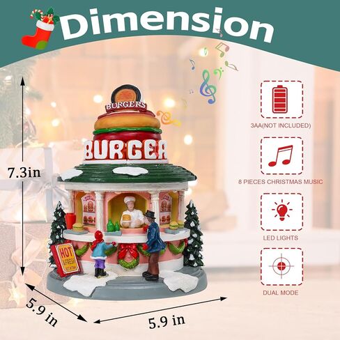 Vipush Christmas Village House Decorations Resin Burger Shop Home Decor Indoor Building Figurines Revolving Train with LED Light and 8 Christmas Music for Kids in Saudi Arabia