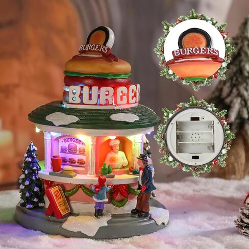 Vipush Christmas Village House Decorations Resin Burger Shop Home Decor Indoor Building Figurines Revolving Train with LED Light and 8 Christmas Music for Kids in Saudi Arabia