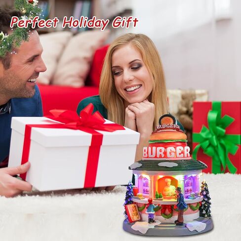 Vipush Christmas Village House Decorations Resin Burger Shop Home Decor Indoor Building Figurines Revolving Train with LED Light and 8 Christmas Music for Kids in Saudi Arabia