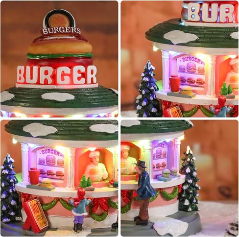Vipush Christmas Village House Decorations Resin Burger Shop Home Decor Indoor Building Figurines Revolving Train with LED Light and 8 Christmas Music for Kids in Saudi Arabia