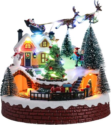 Vipush Christmas Village House Decorations Resin Burger Shop Home Decor Indoor Building Figurines Revolving Train with LED Light and 8 Christmas Music for Kids in Saudi Arabia