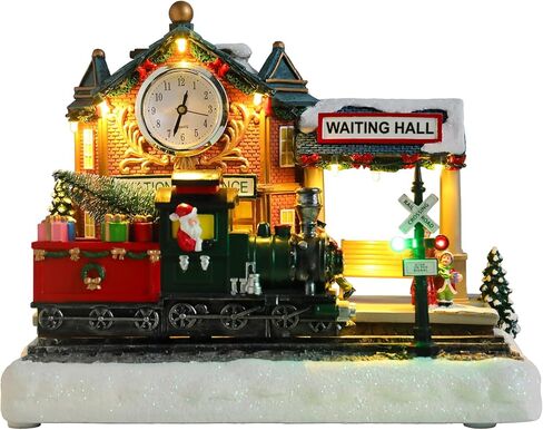 Vipush Christmas Village House Decorations Resin Burger Shop Home Decor Indoor Building Figurines Revolving Train with LED Light and 8 Christmas Music for Kids in Saudi Arabia