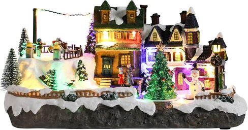 Vipush Christmas Village House Decorations Resin Burger Shop Home Decor Indoor Building Figurines Revolving Train with LED Light and 8 Christmas Music for Kids in Saudi Arabia