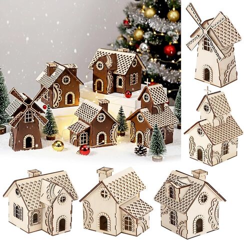 Geelin 5 Pcs Unfinished Wooden Village Mini House Landscape Decors DIY Christmas Wooden House for Crafts Rustic Wood Village Sets for Winter Xmas Party Table Centerpieces Home Decorations in Saudi Arabia