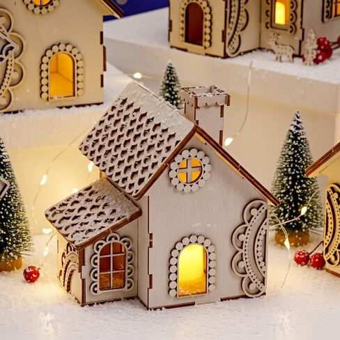 Geelin 5 Pcs Unfinished Wooden Village Mini House Landscape Decors DIY Christmas Wooden House for Crafts Rustic Wood Village Sets for Winter Xmas Party Table Centerpieces Home Decorations in Saudi Arabia