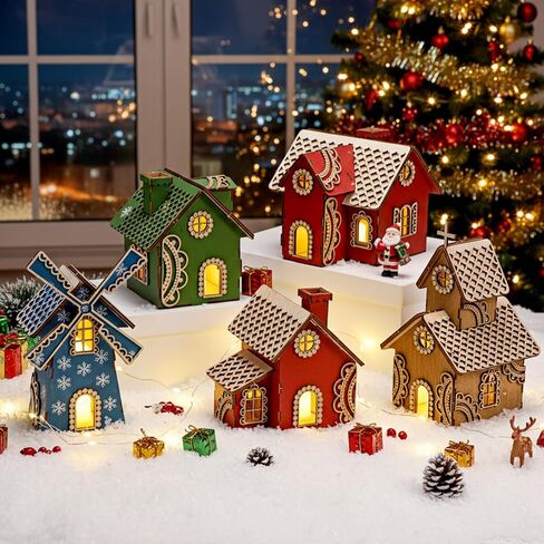 Geelin 5 Pcs Unfinished Wooden Village Mini House Landscape Decors DIY Christmas Wooden House for Crafts Rustic Wood Village Sets for Winter Xmas Party Table Centerpieces Home Decorations in Saudi Arabia