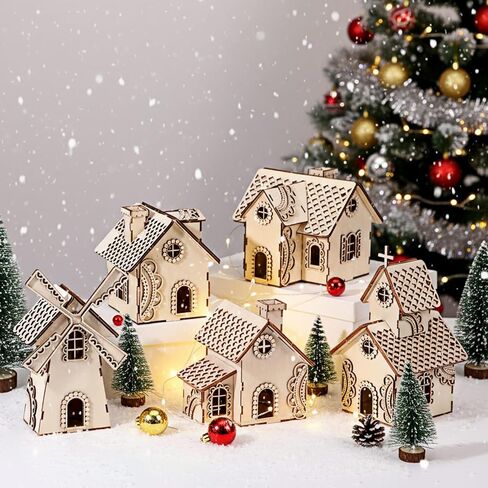 Geelin 5 Pcs Unfinished Wooden Village Mini House Landscape Decors DIY Christmas Wooden House for Crafts Rustic Wood Village Sets for Winter Xmas Party Table Centerpieces Home Decorations in Saudi Arabia