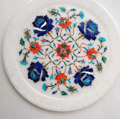 ArtEra Marble Inlay Arts White Marble Handcrafted semi-Precious Inlay Stones Plate (8 inches) for Home Decor in Saudi Arabia