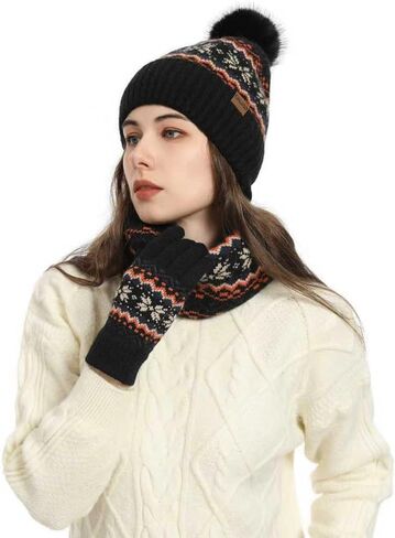 Winter Hats for Women Beanie Hat Scarf Gloves Set Womens Beanie with Scarf Neck Warmer Touchscreen Gloves 3 in 1 Set in Saudi Arabia
