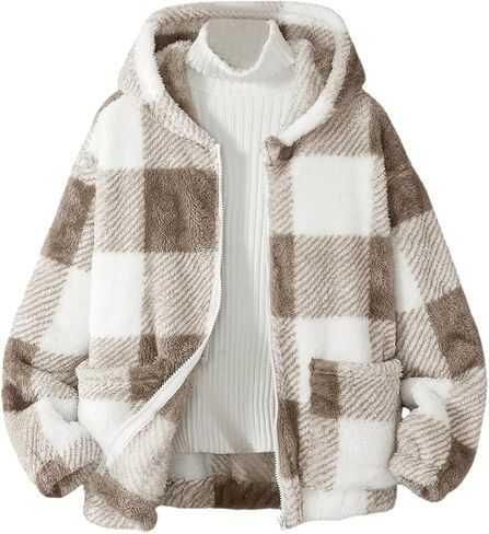 SweatyRocks Girl's Plaid Fuzzy Zip Up Hooded Jackets Casual Color Block Long Sleeve Jacket Outwear in Saudi Arabia