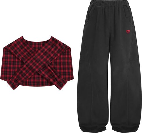 Aelfric Eden Baggy Barrel Sweatpants Women Plaid Belt Shawl Wide Leg Pants Casual Unisex Y2K Elastic Lantern Trouser Pants in Saudi Arabia