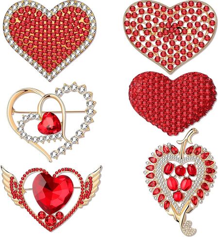 Junkin 6 Pcs Love Heart Brooch Pin Women Crystal Rhinestone Gift Hollow Lapel Crystal Brooch Pins for Girls Party Wedding Festivals Valentine's Day in Saudi Arabia
