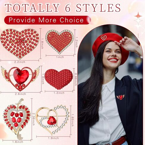 Junkin 6 Pcs Love Heart Brooch Pin Women Crystal Rhinestone Gift Hollow Lapel Crystal Brooch Pins for Girls Party Wedding Festivals Valentine's Day in Saudi Arabia