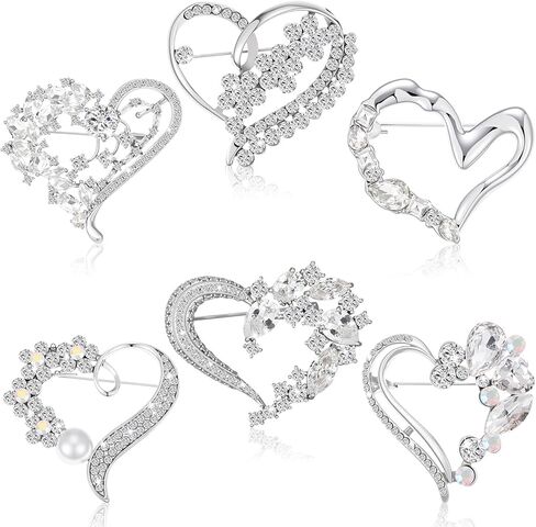 Junkin 6 Pcs Love Heart Brooch Pin Women Crystal Rhinestone Gift Hollow Lapel Crystal Brooch Pins for Girls Party Wedding Festivals Valentine's Day in Saudi Arabia