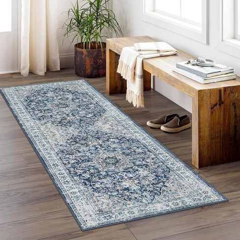 Beeiva Vintage Indoor Rug for Entryway, 2x3 Low Pile Washable Area Rug with Non Slip Backing, Small Entry Door Mat for Insides House, Bathroom, Bedside, Kitchen - Blue in Saudi Arabia