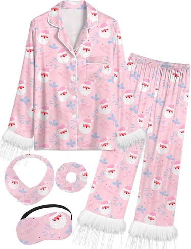 EPLAZA 2 Pcs Kids Satin Pajamas for Girls Silk Pajamas Set Feather Long Sleeve Button Down Pjs Set Sleepwear with Eye Mask in Saudi Arabia