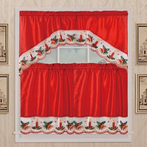 Kashi Home Holiday Kitchen Curtain Set, 3 Piece Christmas Decorative Kitchen Curtains, Ruffled Swag Valance 58" x 36" & Tiers 28"x36", Holiday Window Decor - Holiday Poinsettia in Saudi Arabia
